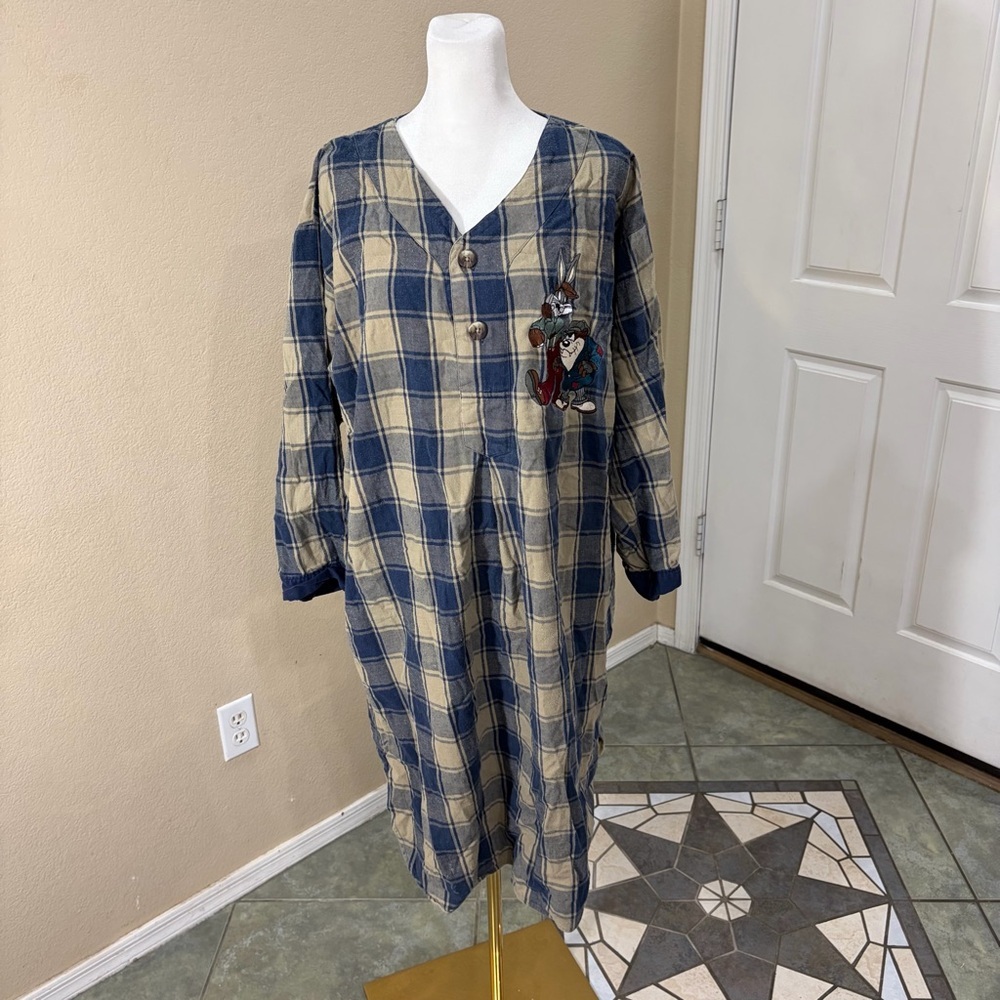 Vtg Acme Clothing Sleep Shirt Sz  S/M Bugs Bunny Looney Tunes Navy Plaid Lounge